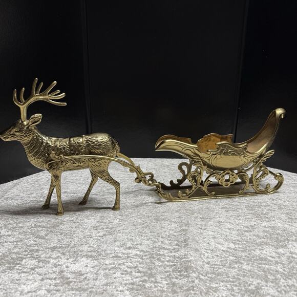 Large 22” Vintage Solid Brass 3 Piece Christmas Reindeer and Sleigh Stunning! - Picture 10 of 16